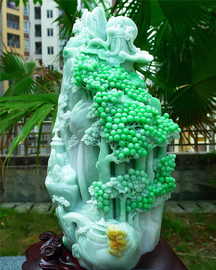 天然翡翠A货老坑种精雕阳绿色高山流水摆件配证书