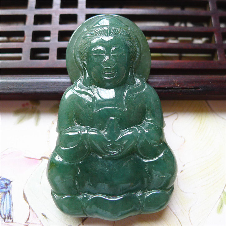 天然翡翠油青配鉴定证书观音吊坠