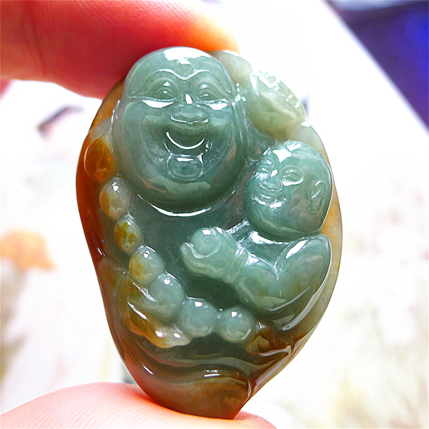 天然缅甸翡翠A货老坑种精雕精美双彩水润佛公吊坠配证书