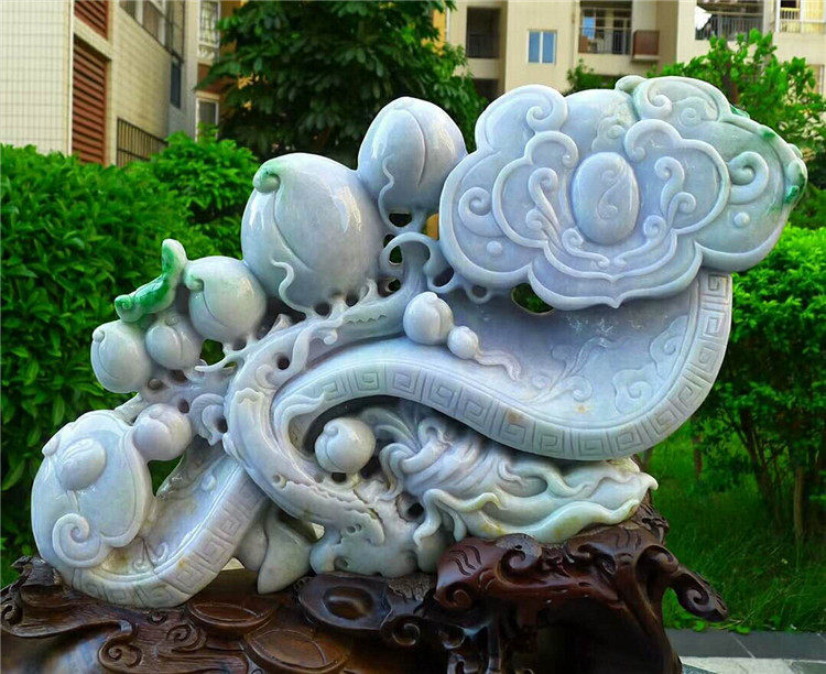 正品天然翡翠A货老坑种 寿桃如意摆件 配鉴定证书