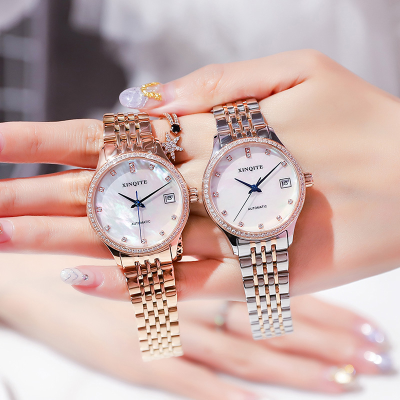 手表女表机械表全自动镶钻贝壳面精钢带日历正品防水名牌女士手表