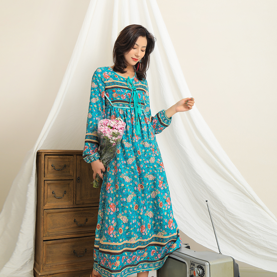 波西米亚连衣裙，复古港风度假中长裙AL