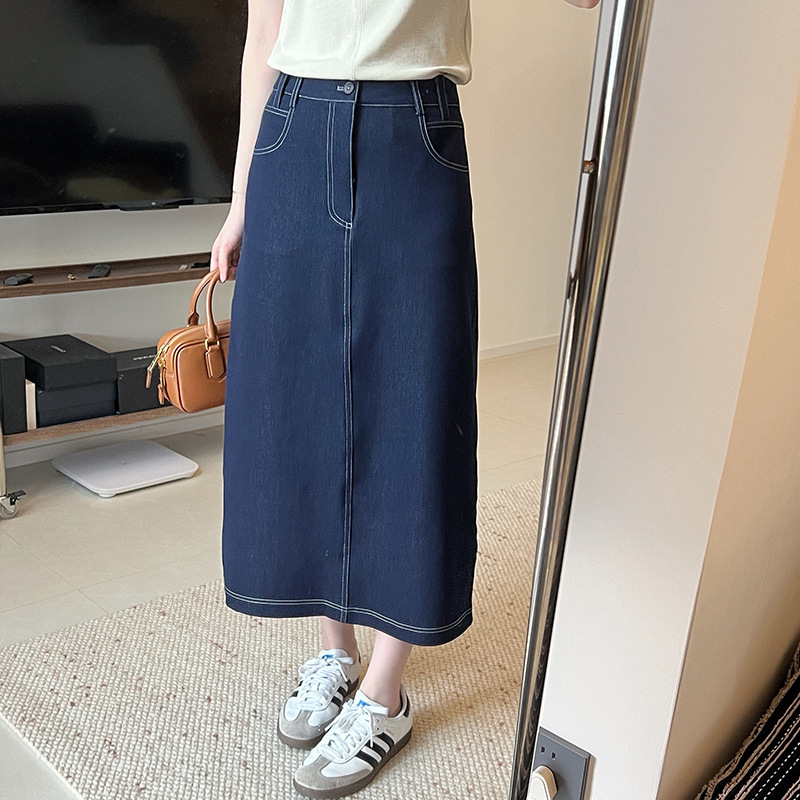 仿牛仔TR半身裙女早秋梨形身材休闲高腰显瘦后开叉a字直筒裙子