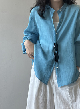 言双 天丝苎麻翻领防晒衬衫女夏季气质宽松显瘦长袖上衣82525
