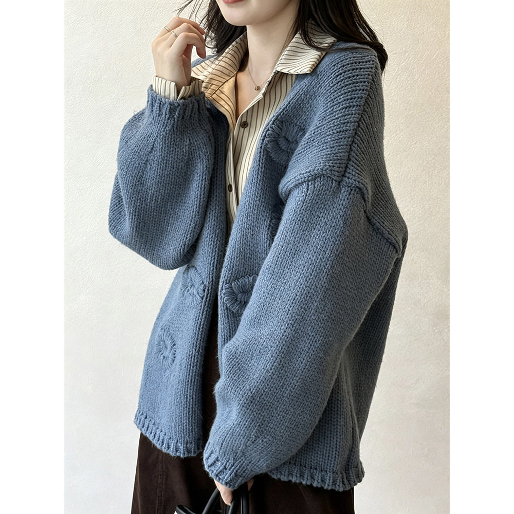 复古重工钩花毛衣开衫女 秋季慵懒风宽松针织外套 P326