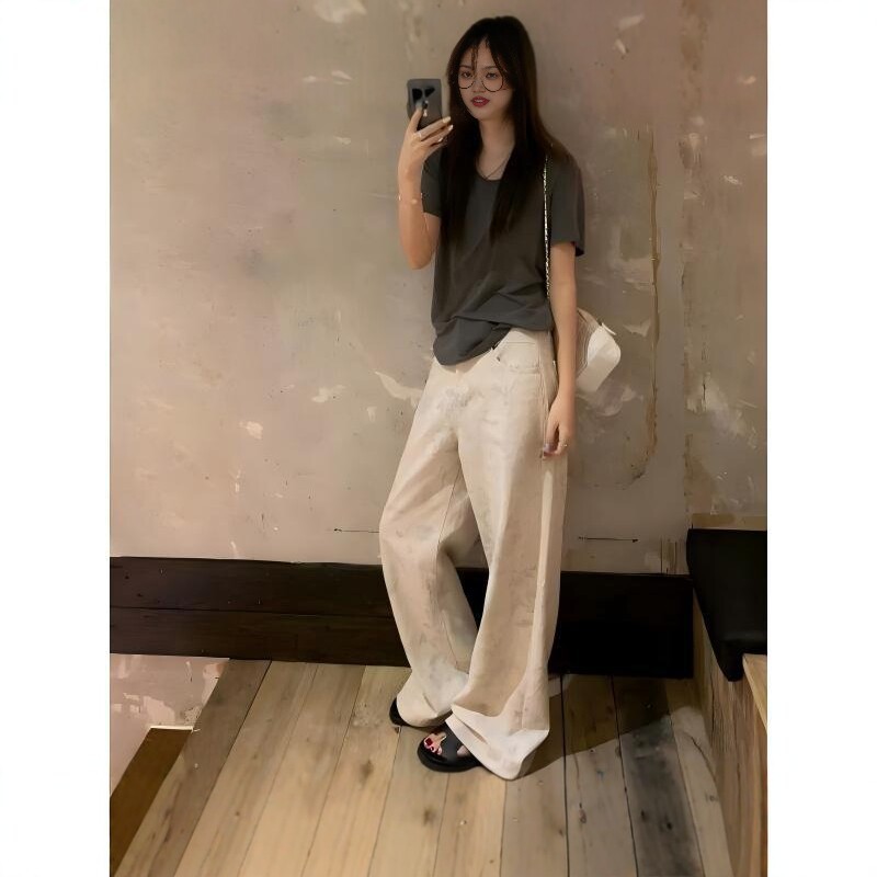 花卉烫珠 满印提花设计感牛仔裤女春季直筒宽松拖地裤子