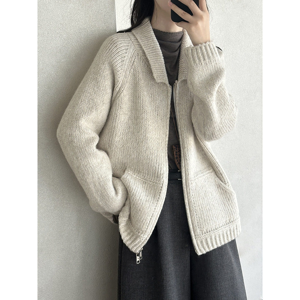 翻领拉链针织开衫女 秋冬粗线加厚毛衣外套慵懒上衣Q351