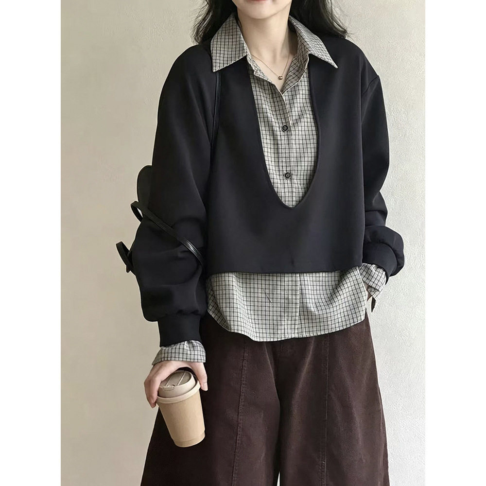 复古假两件卫衣女 秋季拼接格纹衬衫慵懒风短上衣 H6037
