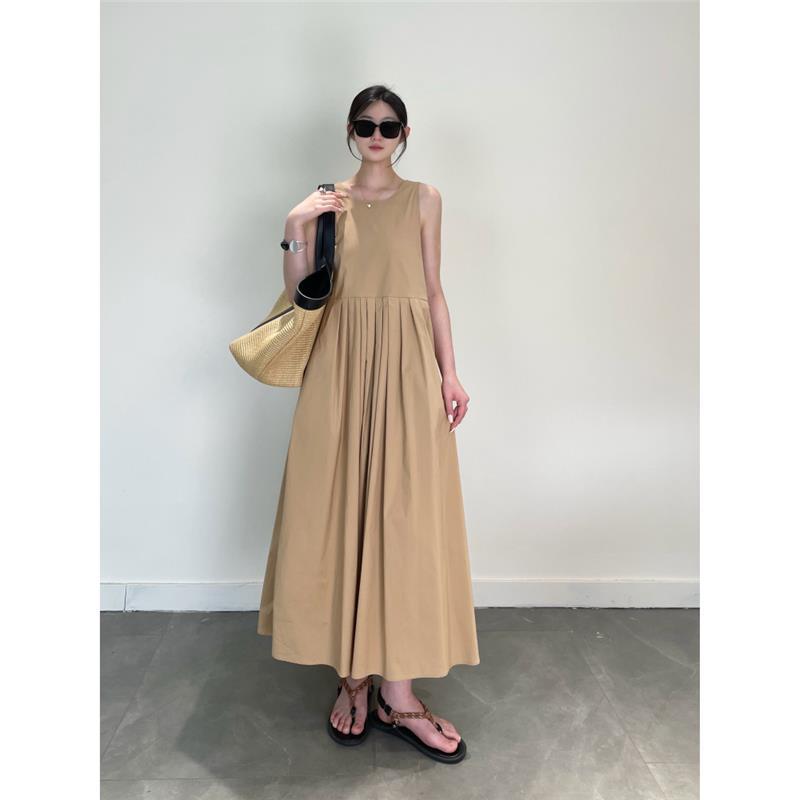 M柜上5900！纯色无袖背心长款连衣裙后背V领弹力显瘦棉混纺背心裙
