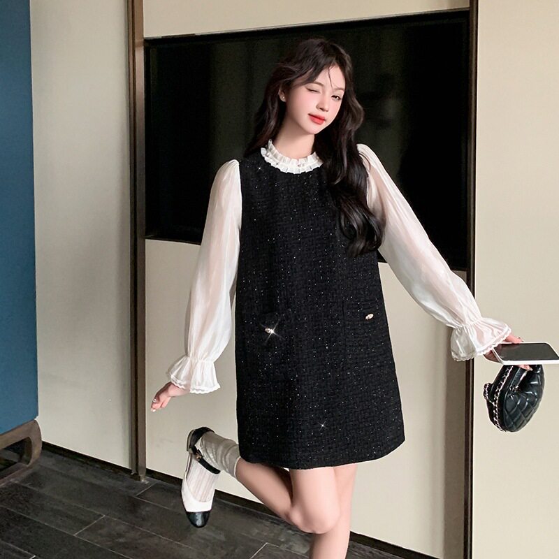 假两件拼接小香风连衣裙跨境甜美设计感撞色假两件小香连衣裙