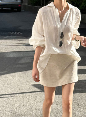亚麻宽松长袖防晒v领衬衫女套装 夏季气质裙裤 82292
