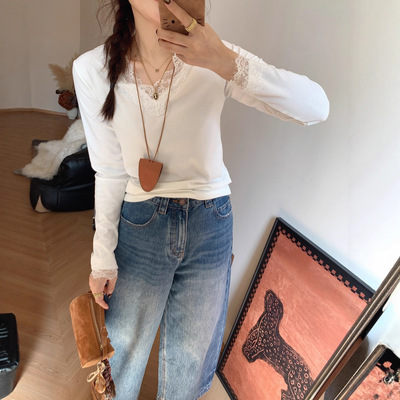 氛围感百搭温柔百搭V领睫毛蕾丝长袖t恤打底衫修身显瘦打底T恤衫
