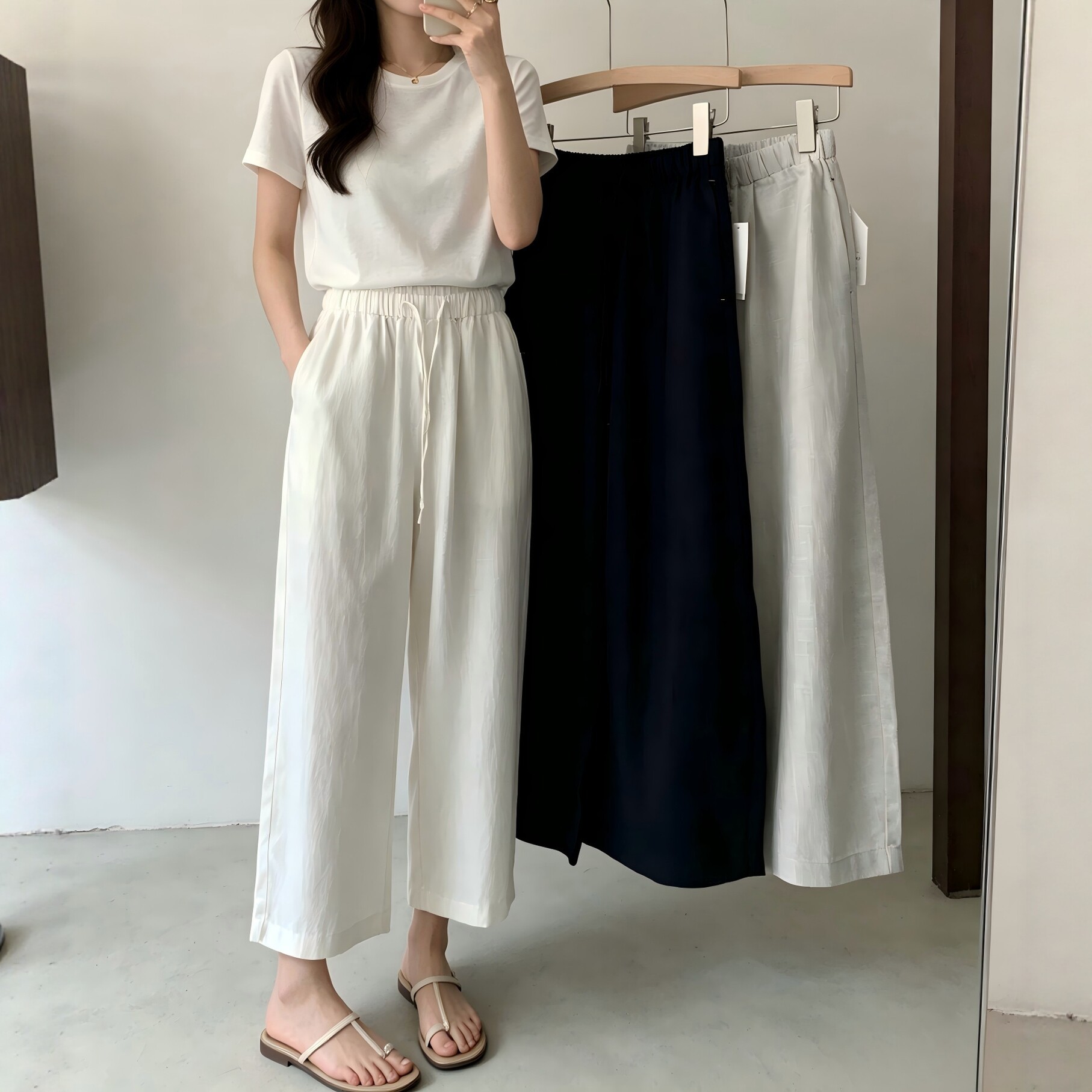 韩系亚麻阔腿裤女夏季新款松紧腰垂感直筒休闲裤清凉透气九分裤
