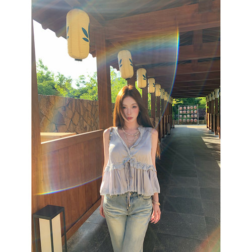 《betty小姐》文文私服 纯欲无袖蕾丝褶皱衬衫上衣预WWC6LYQ0861