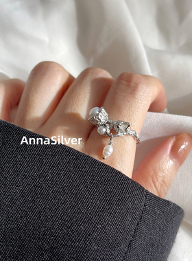 通体S925纯银冷淡风铃兰花珍珠戒指开口指环