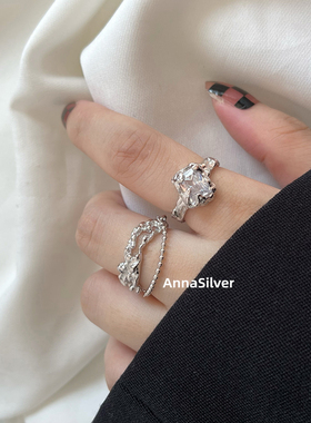 S925纯银时尚不规则镶钻纹理戒指