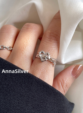 通体S925纯银冷淡甜酷个性爱心金属扣戒指镂空链条开口指环