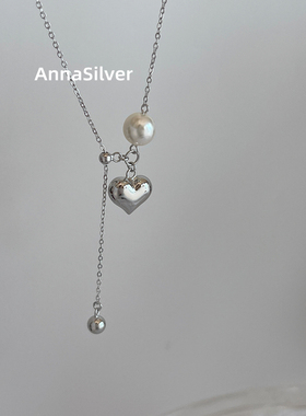 通体S925纯银时尚气质珍珠爱心形圆珠吊坠抽拉调节短款项链