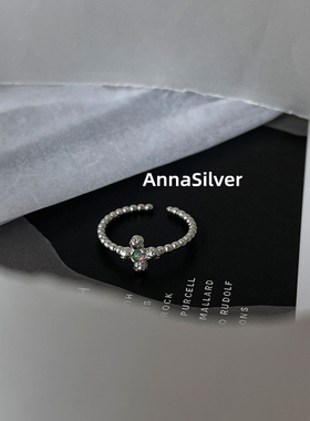 通体S925纯银冷淡风不对称圆珠欧泊石戒指开口可调节指环