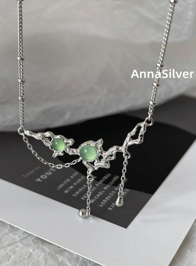 通体S925纯银时尚新中式流苏吊坠短款锁骨项链