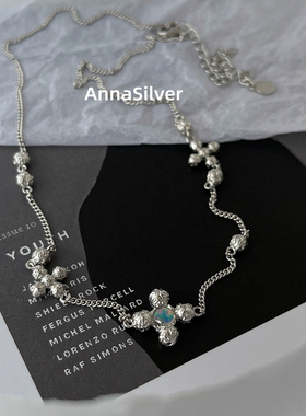 通体S925纯银时尚冷淡甜酷欧泊十字圆珠肌理短款项链