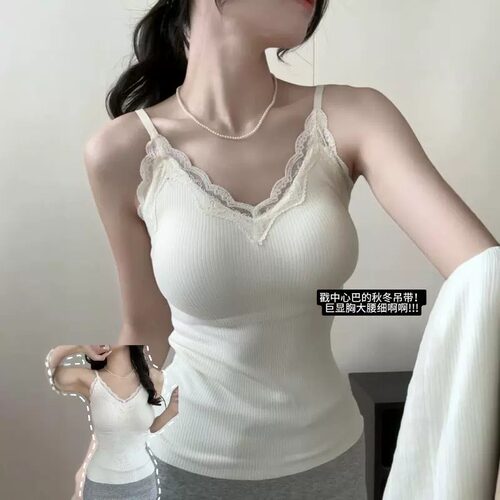 蕾丝羊绒保暖内衣女加绒内搭带胸垫吊带背心外穿秋冬打底上衣套装