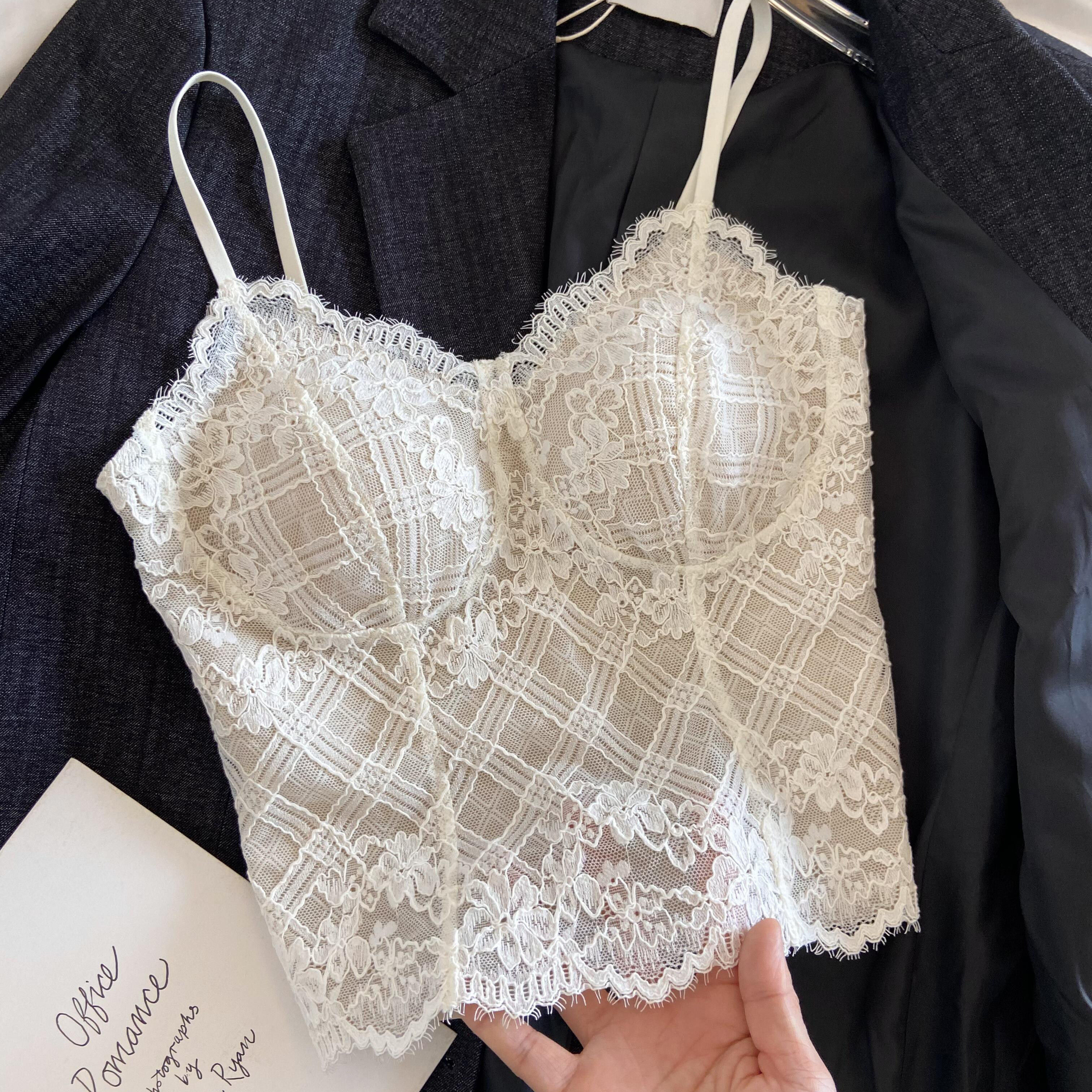 法式复古纯欲蕾丝内搭鱼骨吊带背心女带胸垫美背文胸一体打底外穿