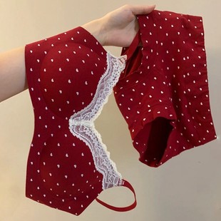 纯棉红色内衣女小胸聚拢无痕本命年马年蕾丝结婚新娘内裤文胸套装