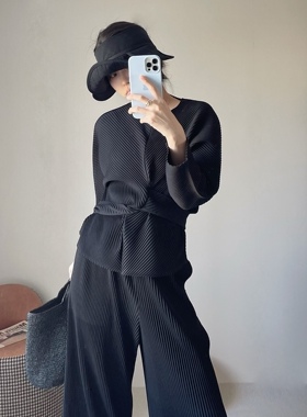 TVTV 暗黑色秋季hp线！褶皱厚版系带衬衫廓形上衣阔腿裤套装