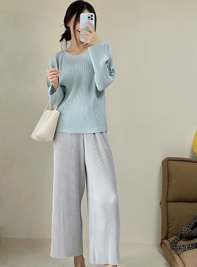 TVTV 海盐配色！褶皱秋冬hp线厚版基础长袖上衣乳灰色阔腿裤