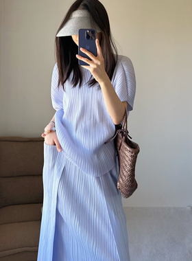 TVTV  冰感薰衣草～褶皱廓形蓝紫色基础款短袖半裙套装