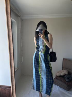 TVTV 趣味假日～褶皱童趣格子格纹撞色拼接背心上衣直筒半裙套装