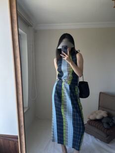 TVTV 趣味假日~褶皱童趣格子格纹撞色拼接背心上衣直筒半裙套装