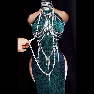 酒吧gogo演出服女旗袍绿色复古修身珍珠印花夜店ds中国风上海滩
