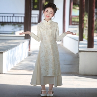 裙子 连衣裙女大童古筝演出服长袖 女童旗袍汉服儿童国风新中式 唐装