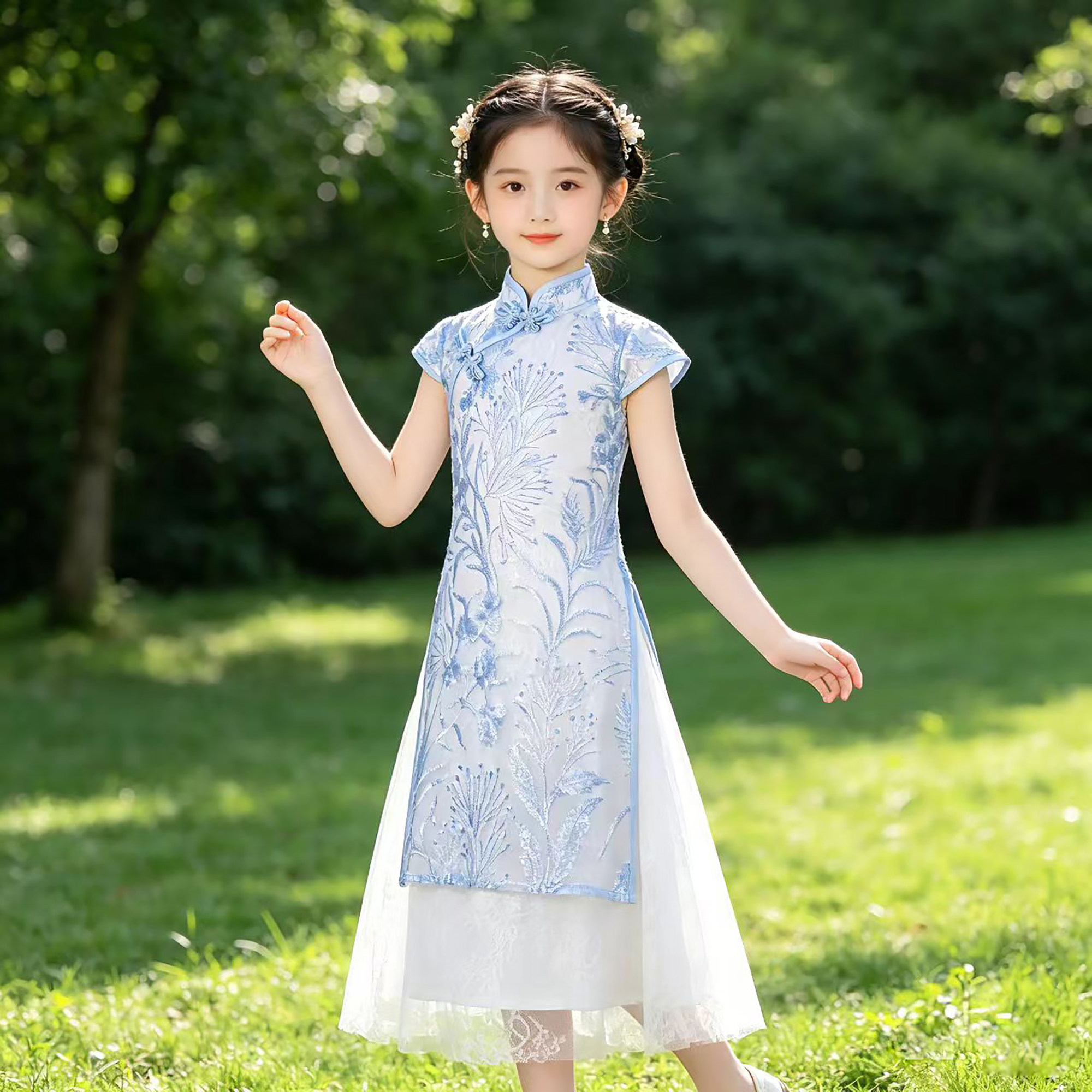 女童新中式旗袍连衣裙中大童古筝演出服儿童国风蓝色唐装汉服夏季