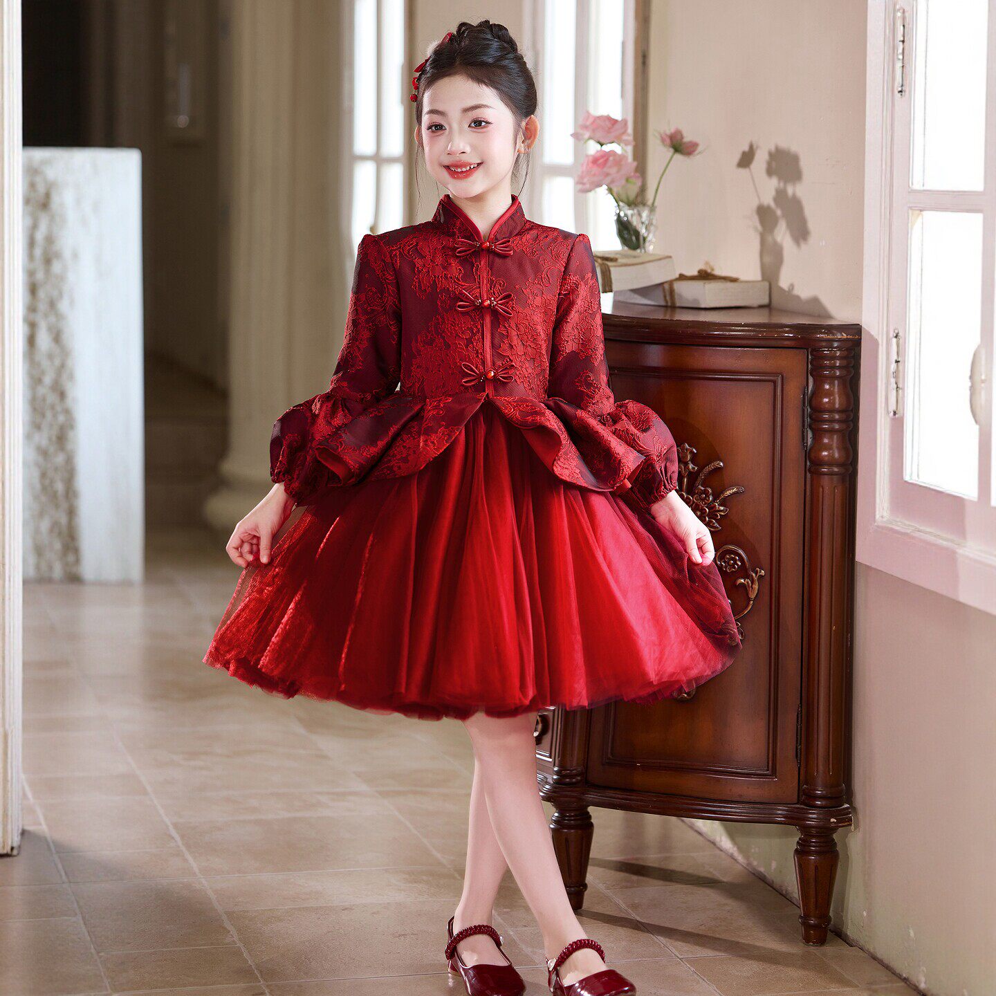 女童新中式旗袍连衣裙红色拜年服