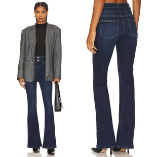 代购2025年新款欧美FRAME牛仔裤女高腰修身显瘦双扣深蓝色长裤