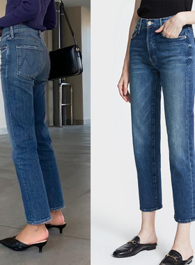 代购mother denim蓝色牛仔裤小个子女生高腰小直筒九分腿部修身裤