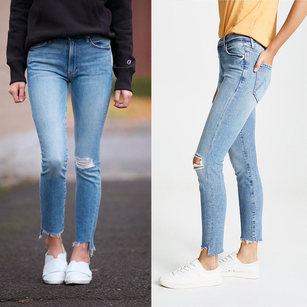 香港代购mother牛仔裤浅蓝色破洞中高腰九分修身小脚裤女直筒弹力