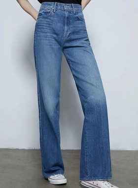 香港代购mother denim牛仔女阔腿宽松大直筒拖地休闲长裤高腰蓝色