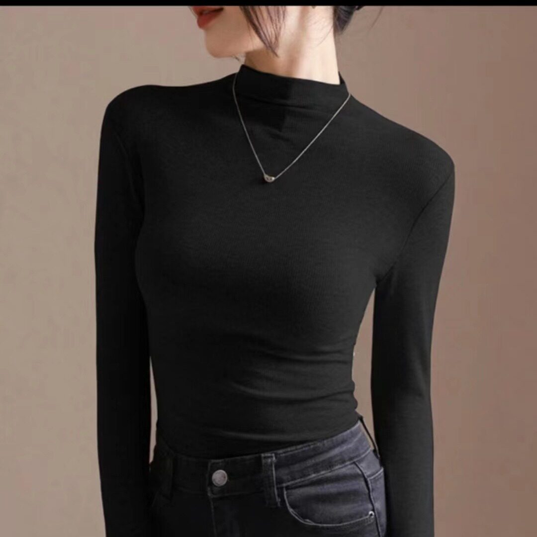 秋冬网红半高领抽褶加厚保暖长袖t恤女修身百搭长袖打底衫高品质