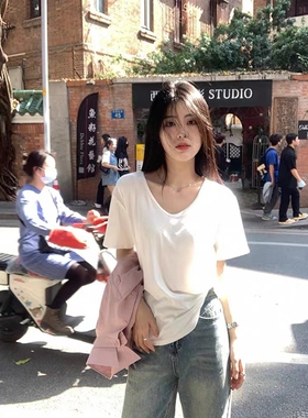 PXX微笑基础款白色v领正肩百搭短袖t恤夏季打底衫辣妹上衣短袖女