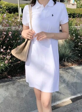夏季保罗摩根女装短袖翻领连衣裙纯棉纯色网球运动休闲A字裙子潮