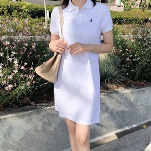夏季保罗摩根女装短袖翻领连衣裙纯棉纯色网球运动休闲A字裙子潮