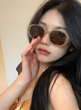 复古白色墨镜女 夏日高级感ins防紫外线椭圆个性茶色太阳眼镜圆脸