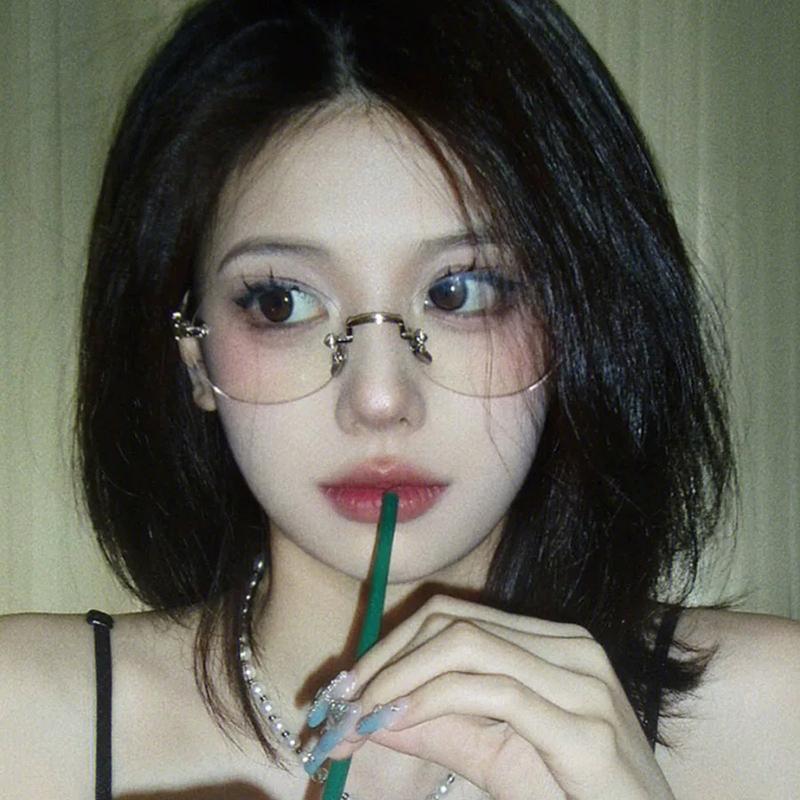 无框椭圆眼镜框纯欲风日系小脸