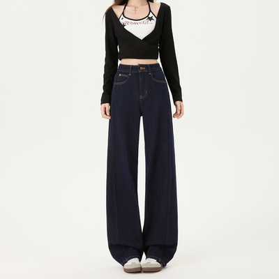 春季美式高腰提臀阔腿牛仔裤