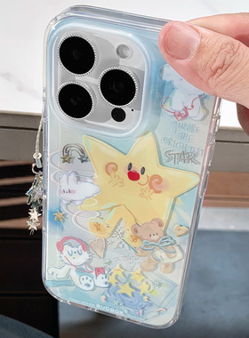 新款鎏金工艺原创快乐幸运星双层卡通可爱手机壳适用苹果16Pro/iPhone17promax/14全包软壳15保护套韩系少女