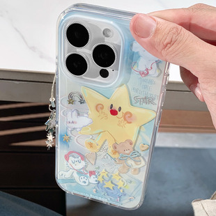 新款鎏金工艺原创快乐幸运星双层卡通可爱手机壳适用苹果16Pro/iPhone17promax/14全包软壳15保护套韩系少女